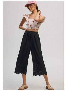 By Anthropologie Wide Leg Eyelet Crop Black Pants Size 8/10
